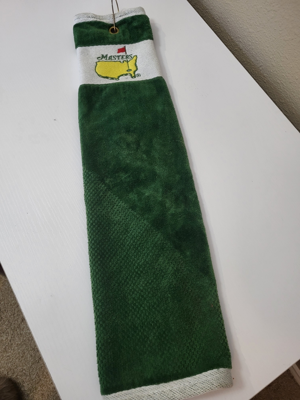 Vintage Masters Golf Towel Green White Tri Fold Grommet Hook Made in USA Logo